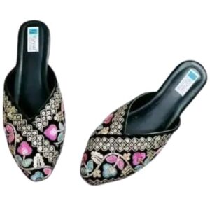 Women's Floral Embroidered Mules, Black with Pink and Blue Floral Pattern, Slip-on Style