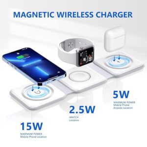 3 in 1 Magnetic Foldable MagSafe Wireless Charger for iPhone 16 to 12 Series | Compatible with AirPods 2/3/Pro | Compatible with only Apple Watch Series | 23W Charging | Wireless Charger - Pearl White
