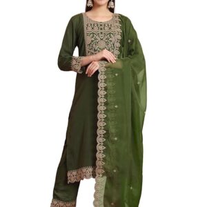 VredeVogel Women's Silk Blend Embroidered Kurta with Pant & Silk Chiffon Dupatta Set (Pink_Small)