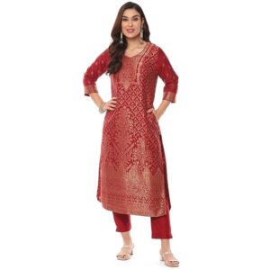 BIBA Women Art Silk Straight Kurta Slim Pants Suit Set