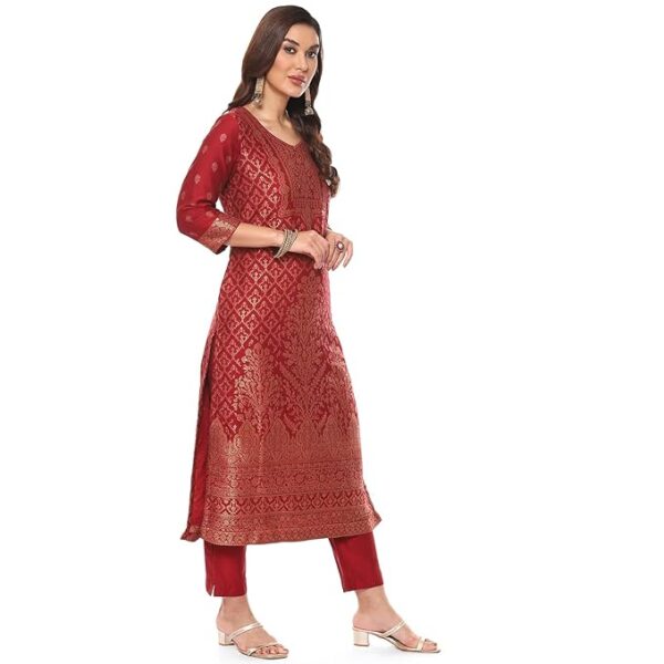 BIBA Women Art Silk Straight Kurta Slim Pants Suit Set - Image 4